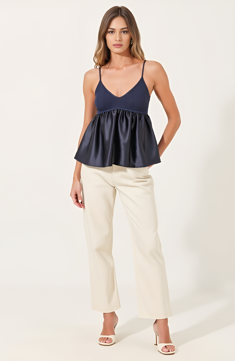 Modenaire Knit Ribbed Bodice Satin Babydoll Cami Top, Alternate, color, Navy Blue