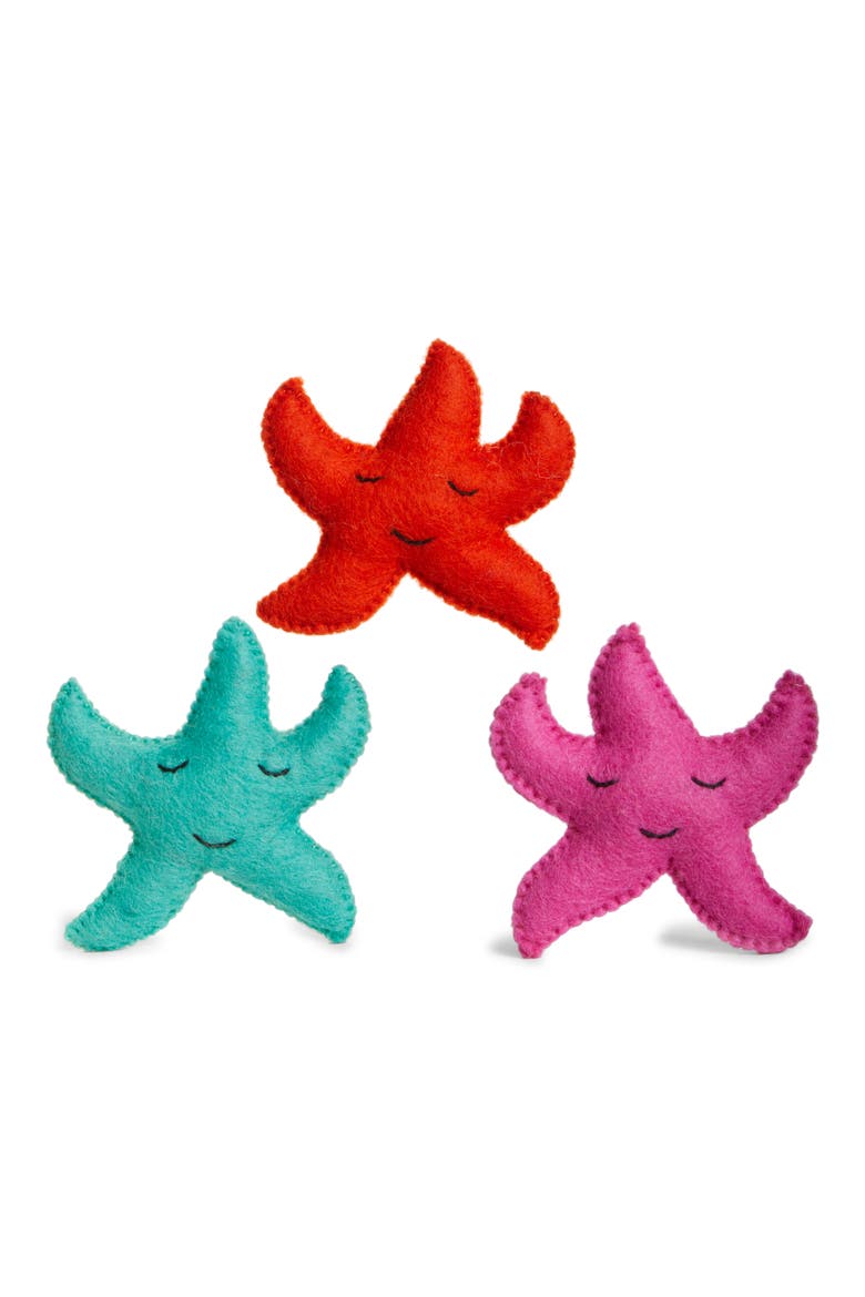 Set of 3 Wool Starfish Cat Toys, Main, color, ORANGE/PINK/BLUE