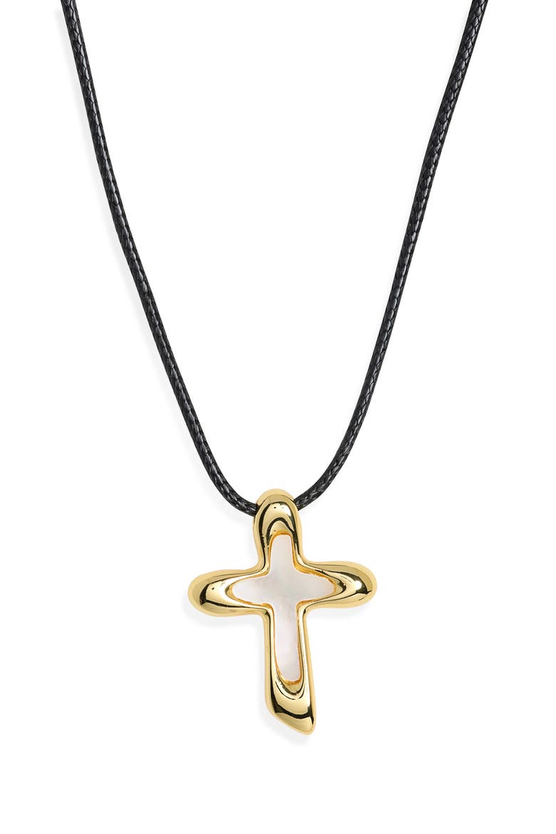 Mother-of-Pearl Cross Pendant Cord Necklace, Alternate, color, GOLD