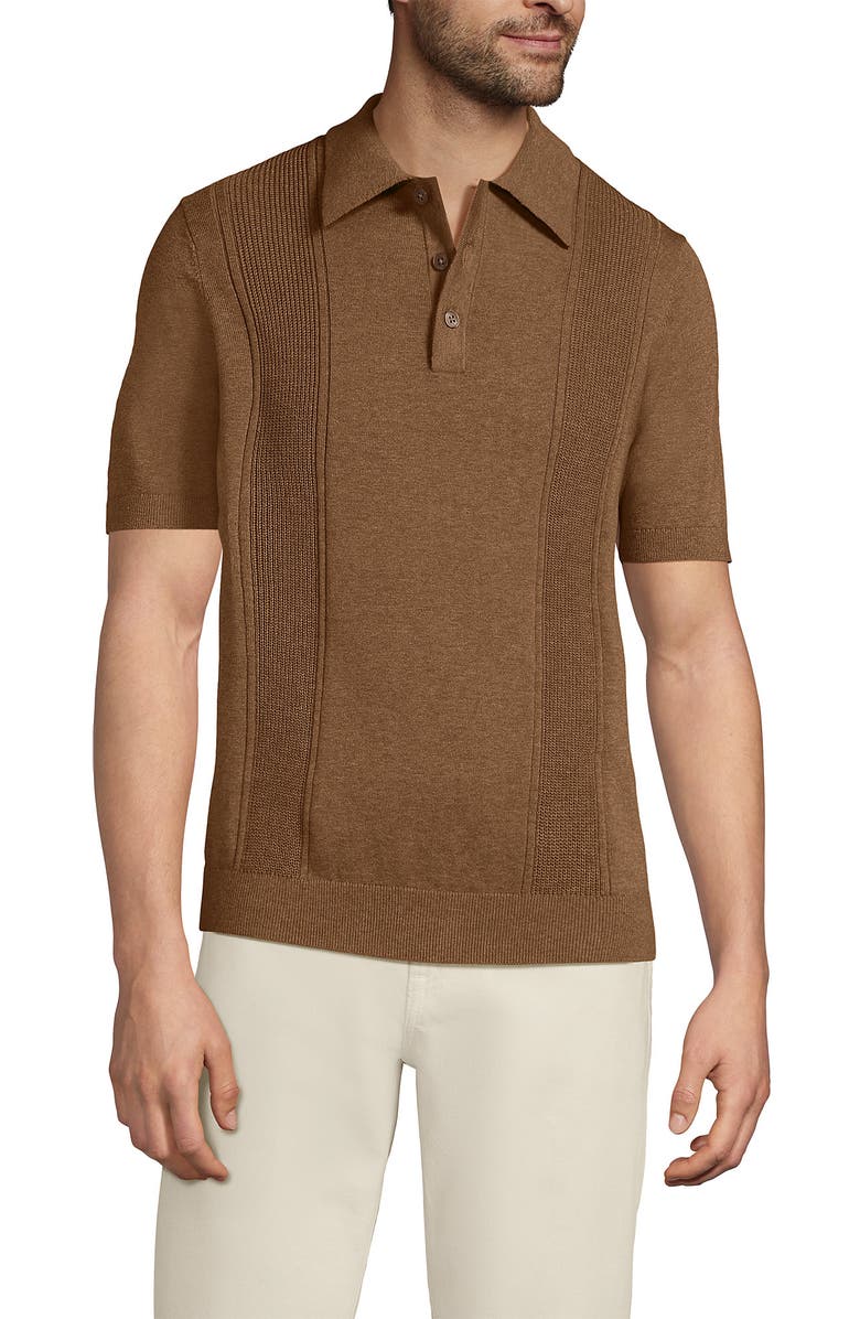 Lands' End Short Sleeve Vertical Rib Button Down Sweater Polo, Main, color, Soft Camel Brown Heather