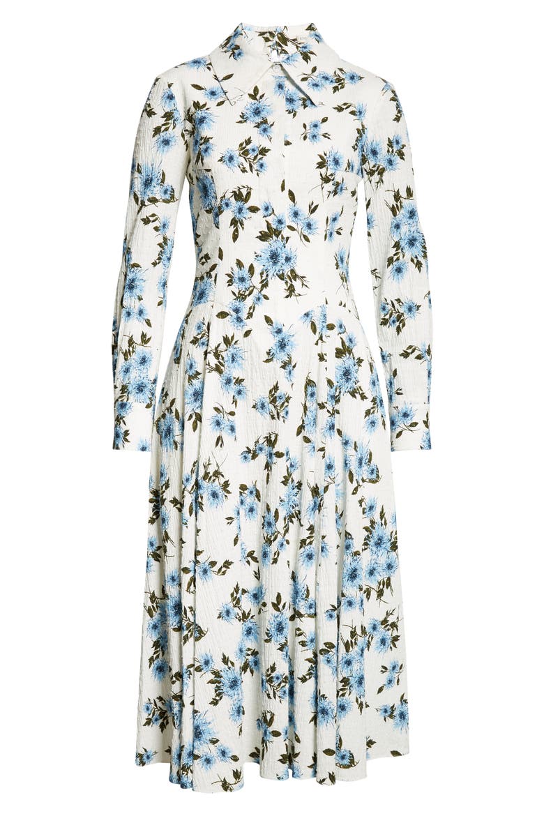 Jancine Dahlia Print Clip Dot Long Sleeve Seersucker Dress, Alternate, color, SMALL DAHLIA BABY BLUE