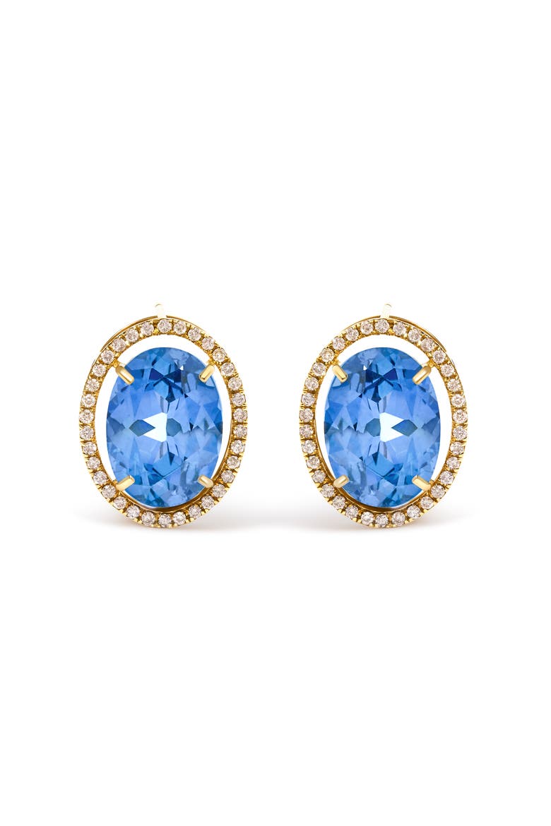 18K Yellow Gold 11x14MM Blue Fluorite Oval Stud Earrings with 1/2 Cttw Diamond Halo, Main, color, Yellow Gold
