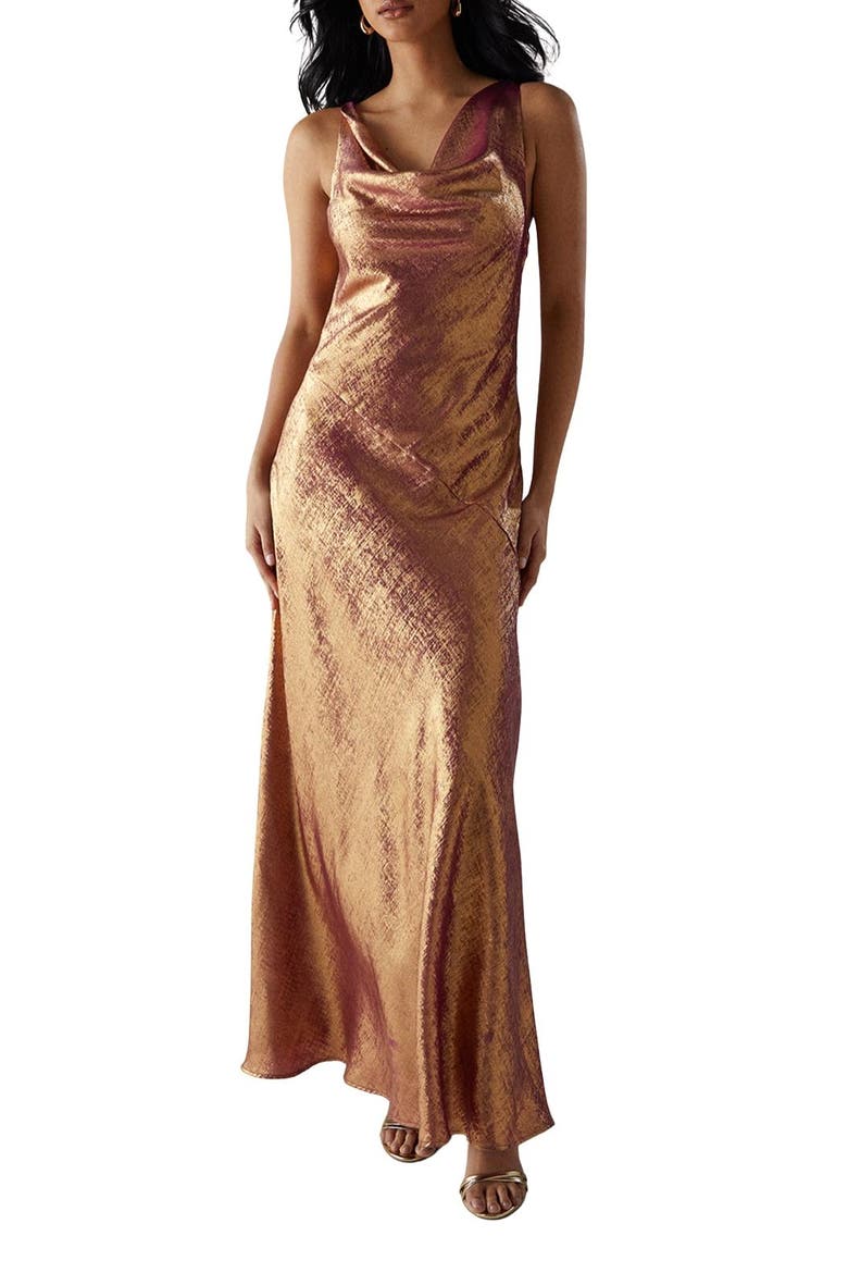 Metallic Lame Cowl Neck Maxi Dress, Alternate, color, Magenta