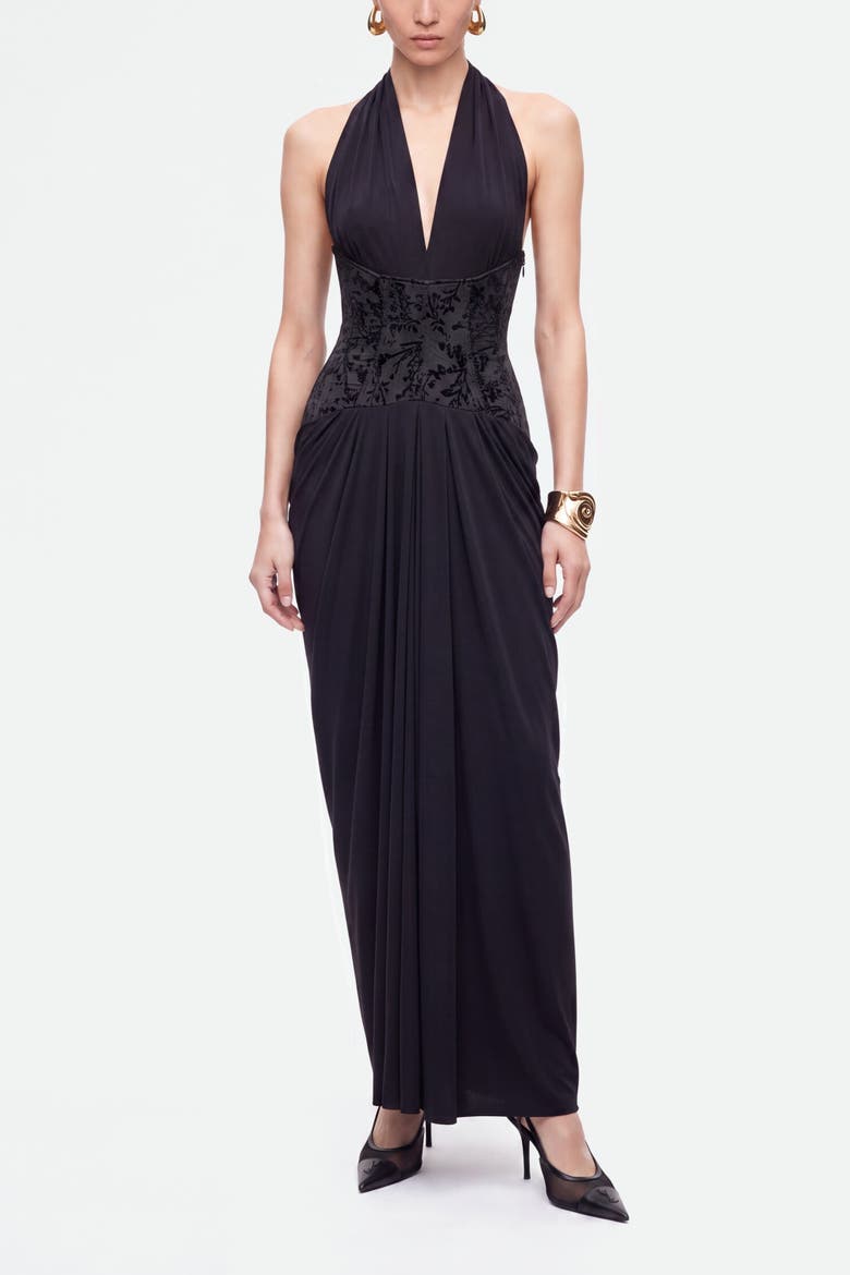 Jacquard Halter Neck Maxi Dress, Main, color, Black