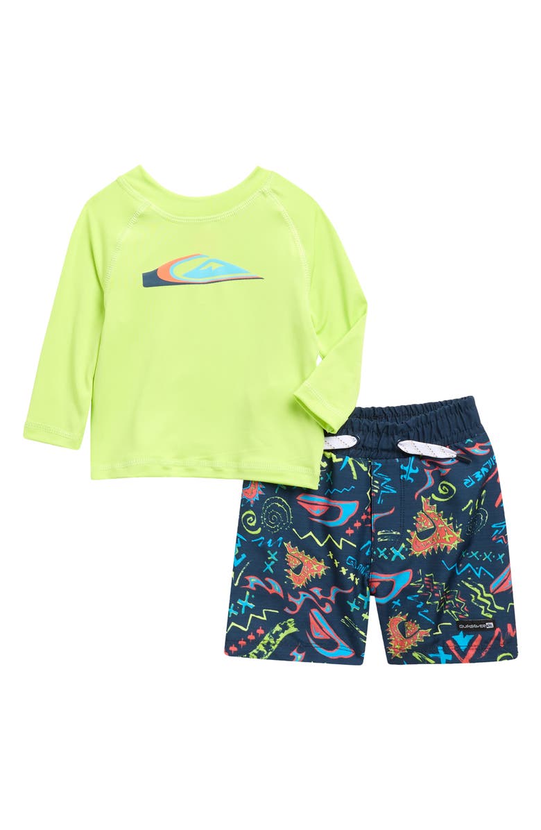 Quiksilver Long Sleeve Rashguard & Swim Trunks Set, Main, color, Blue/ Neon Multi