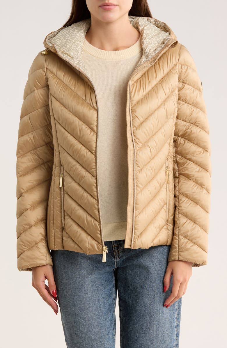 Michael Kors Hooded Packable Chevron Quilted Jacket, Alternate, color, Khaki