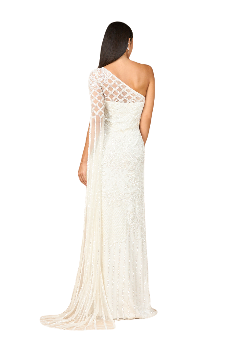 One Sleeve Beaded Gown, Alternate, color, Ivory