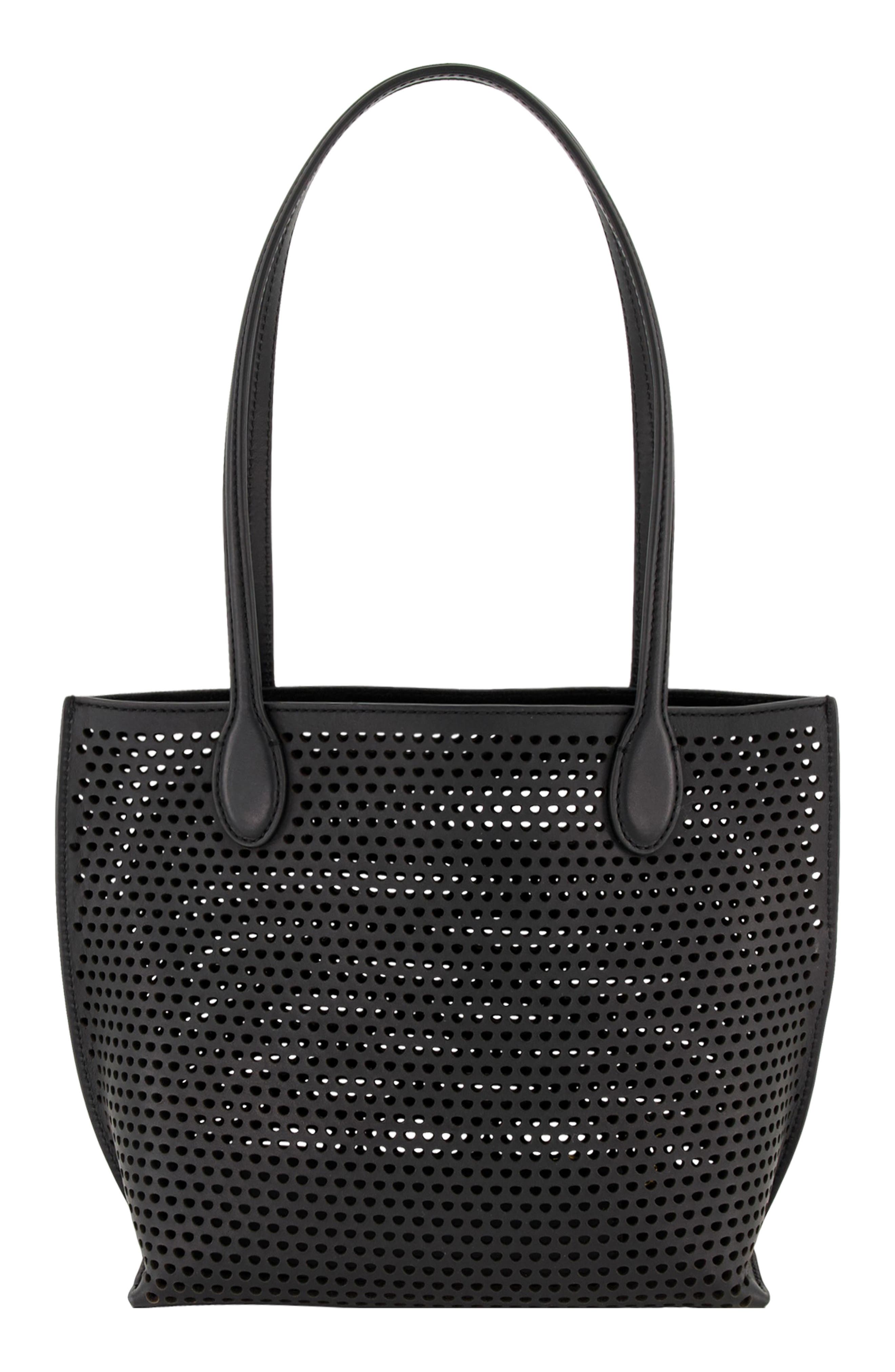 Vince Small Athene Perforated Nappa Leather Tote, Alternate, color, Black