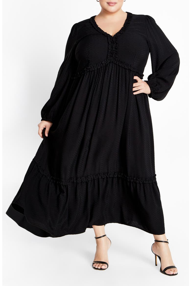 Journey Ruffle Long Sleeve Maxi Dress, Main, color, BLACK