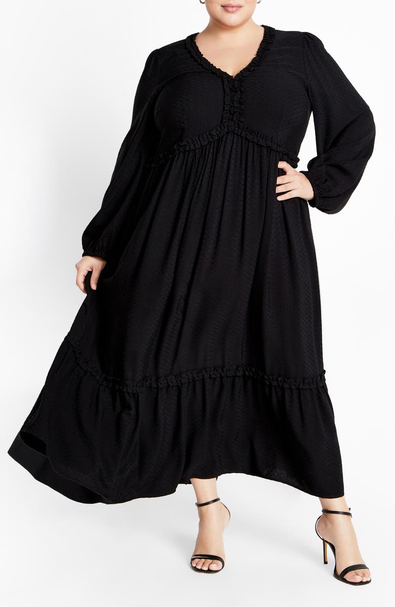 City Chic Journey Ruffle Long Sleeve Maxi Dress, Main, color, Black
