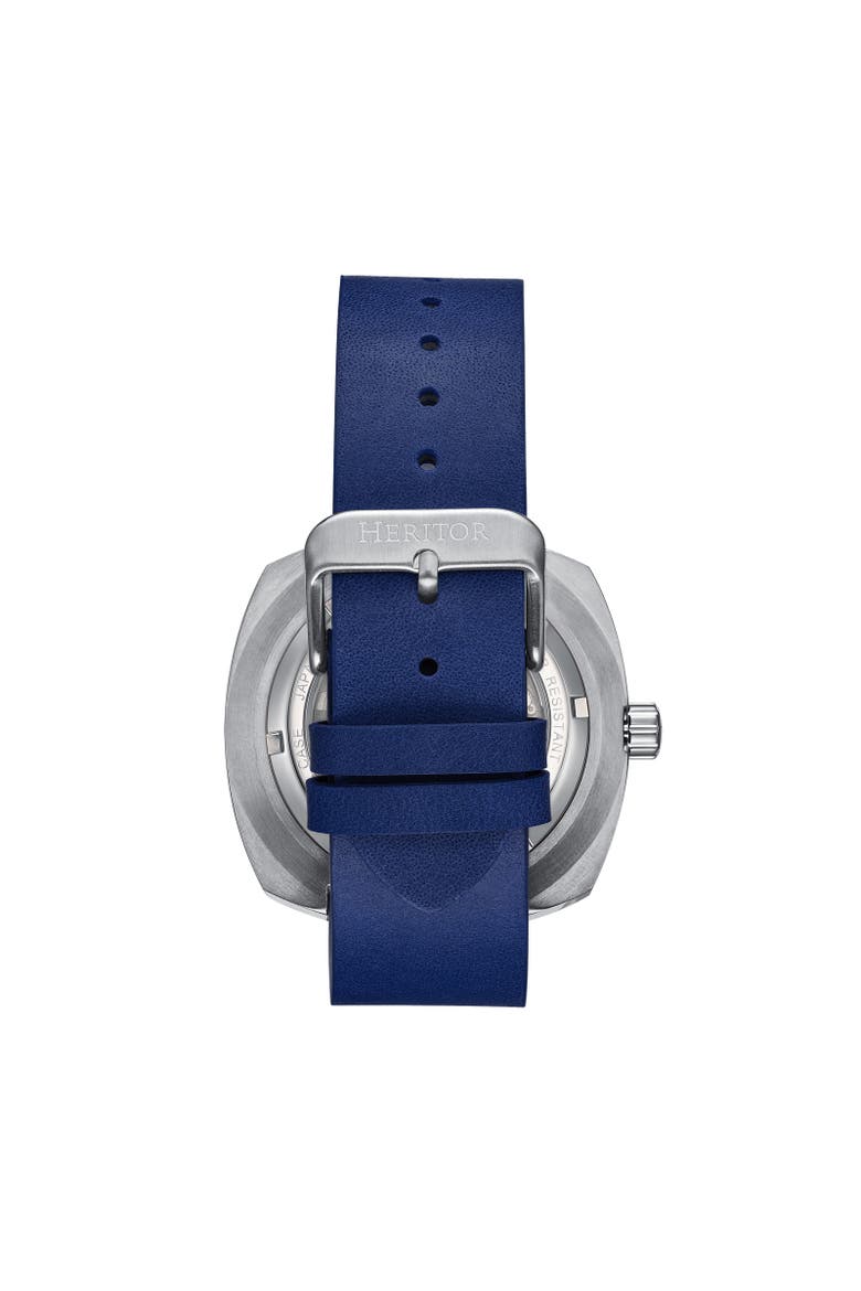 Davenport Engraved-Case Leather-Band Watch w/ Date, Alternate, color, Silver/Blue