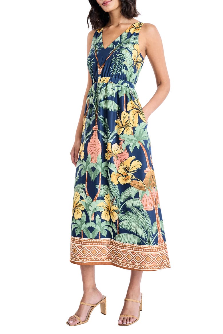Botanical V-Neck Midi Dress, Alternate, color, TITAN/ BANANA CREAM