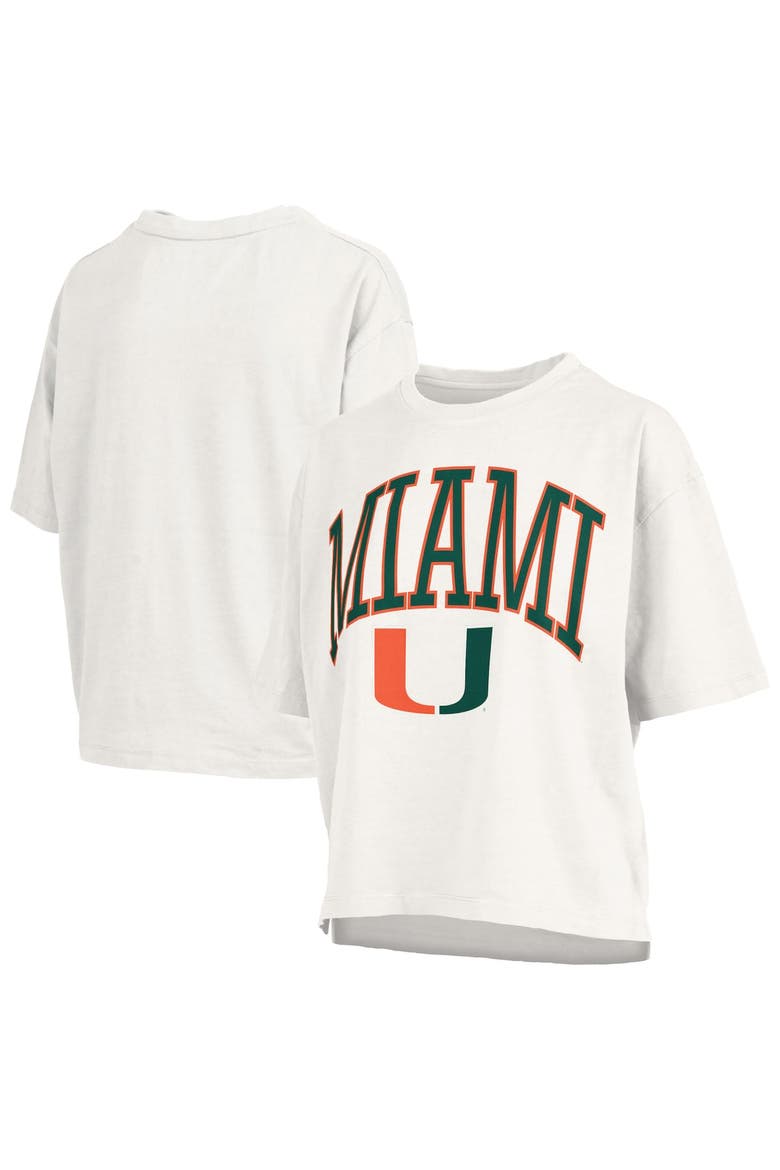 Women's Pressbox White Miami Hurricanes Nelson Arch Over Logo Waist Length Oversized Slub T-Shirt, Alternate, color, White
