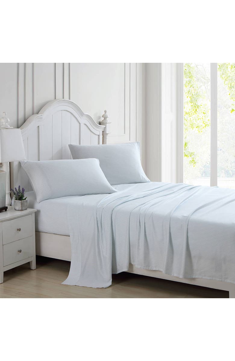 Laura Ashley Ramona 4-Piece Blue Striped T300 Cotton Queen Sheet Set, Alternate, color, Blue