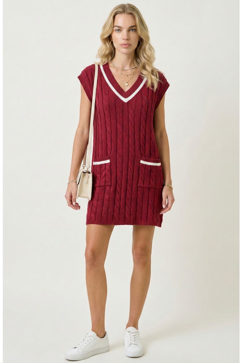 Cable-Knit Mini Sweater Dress with Pockets, Main, color, Burgundy