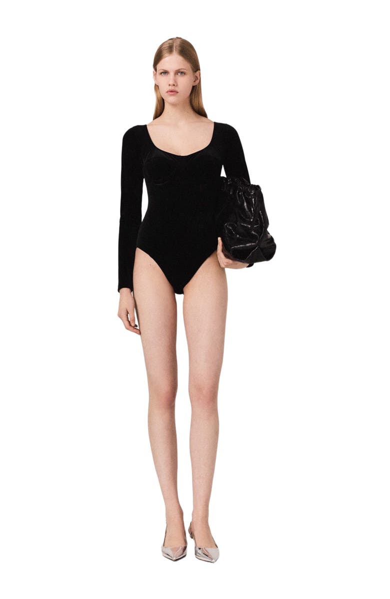 maje Velvet and corset detail bodysuit, Main, color, Black