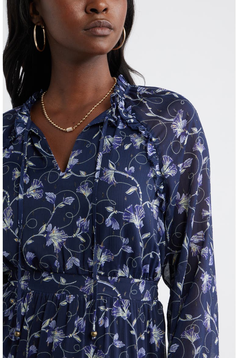 Floral Metallic Clip Dot Ruffle Tiered Midi Dress, Alternate, color, NAVY- BLUE MOLLY BOHO