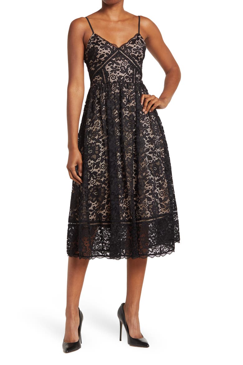 Crochet Stretch Lace Midi Dress, Main, color, BLACK