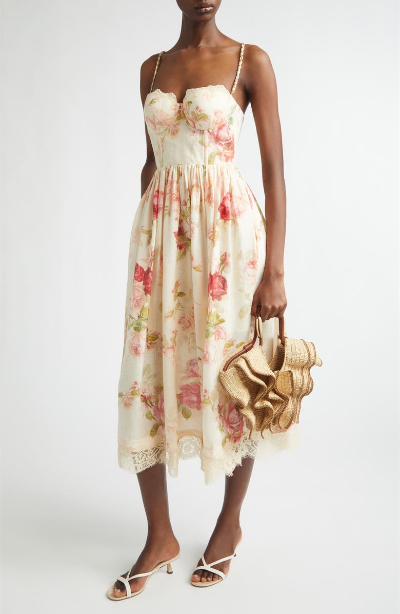 Zimmermann Roselight Picnic Linen Midi Sundress, Alternate, color, Cream Rose Floral