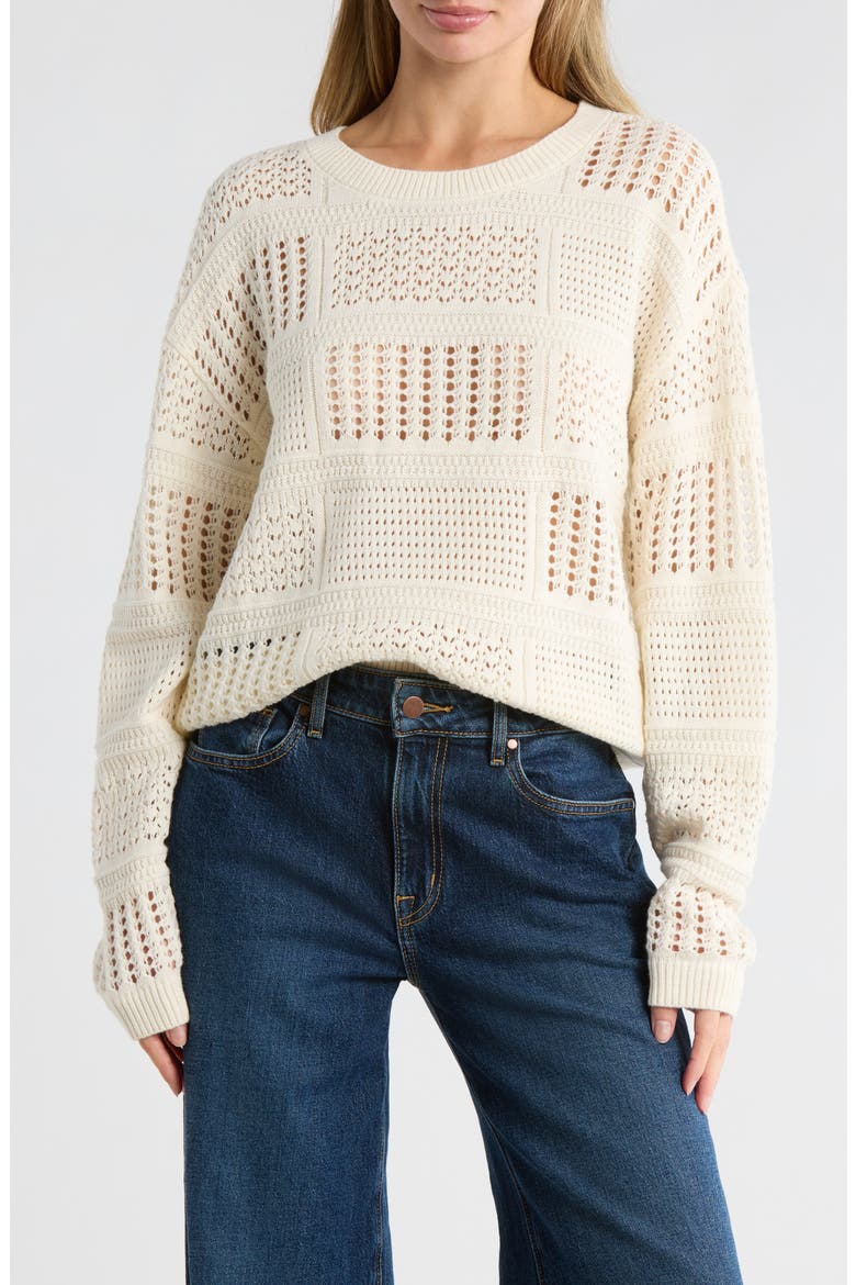 Long Sleeve Pointelle Crewneck Sweater, Main, color, GARDENIA
