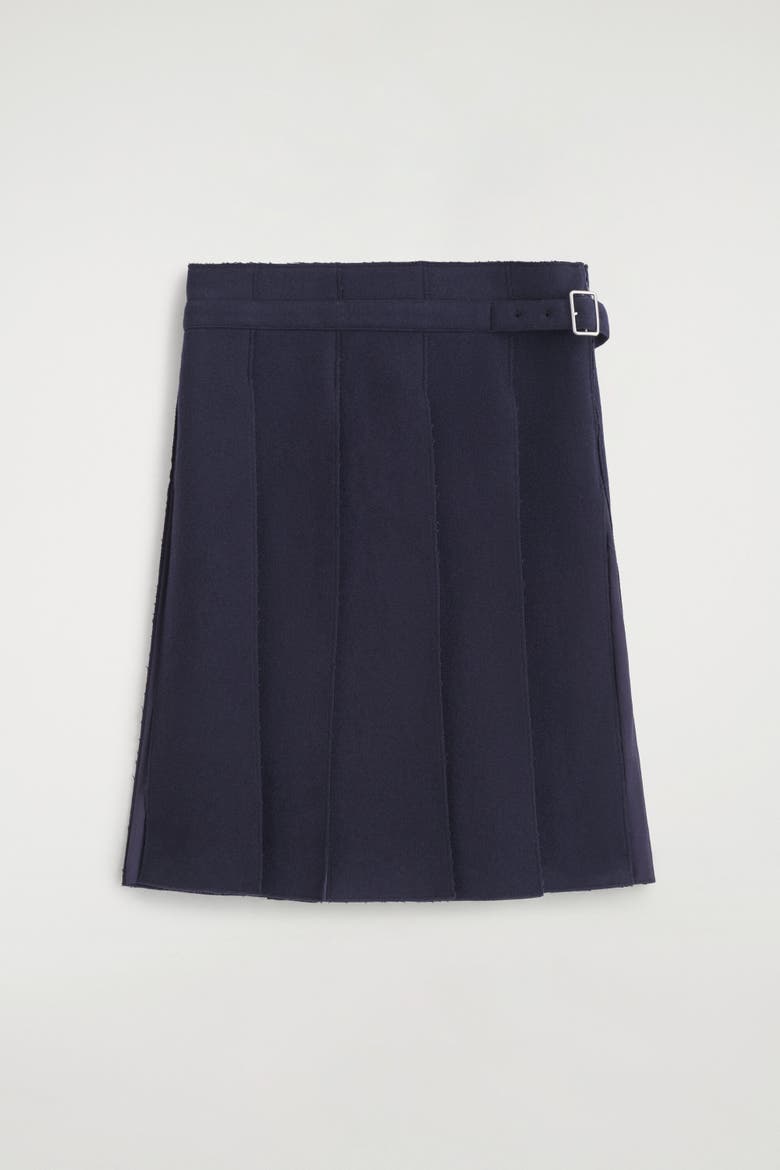 Belted Pleated Wool-Blend Skirt, Alternate, color, NAVY