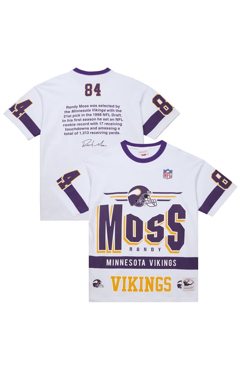 Mitchell & Ness Men's Mitchell & Ness Randy Moss White Minnesota Vikings Name & Number Team Origins Vintage Logo T-Shirt, Main, color, White