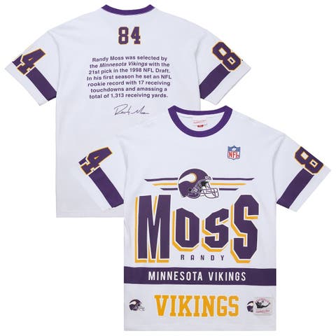 Men's Mitchell & Ness Randy Moss White Minnesota Vikings Name & Number Team Origins Vintage Logo T-Shirt