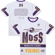 Mitchell & Ness Men's Mitchell & Ness Randy Moss White Minnesota Vikings Name & Number Team Origins Vintage Logo T-Shirt
