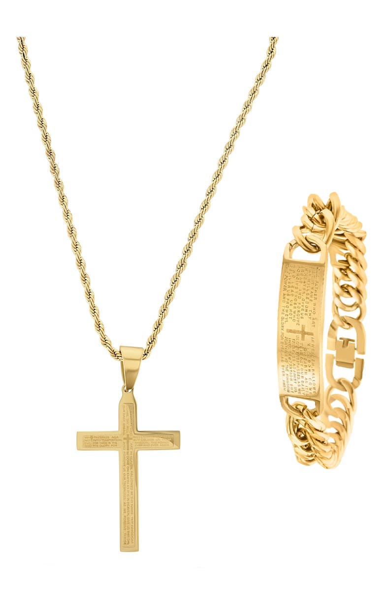 AMERICAN EXCHANGE Men's The Lord's Prayer Engraved Cross Necklace & ID Bracelet Set, Alternate, color, Gold/ Gold