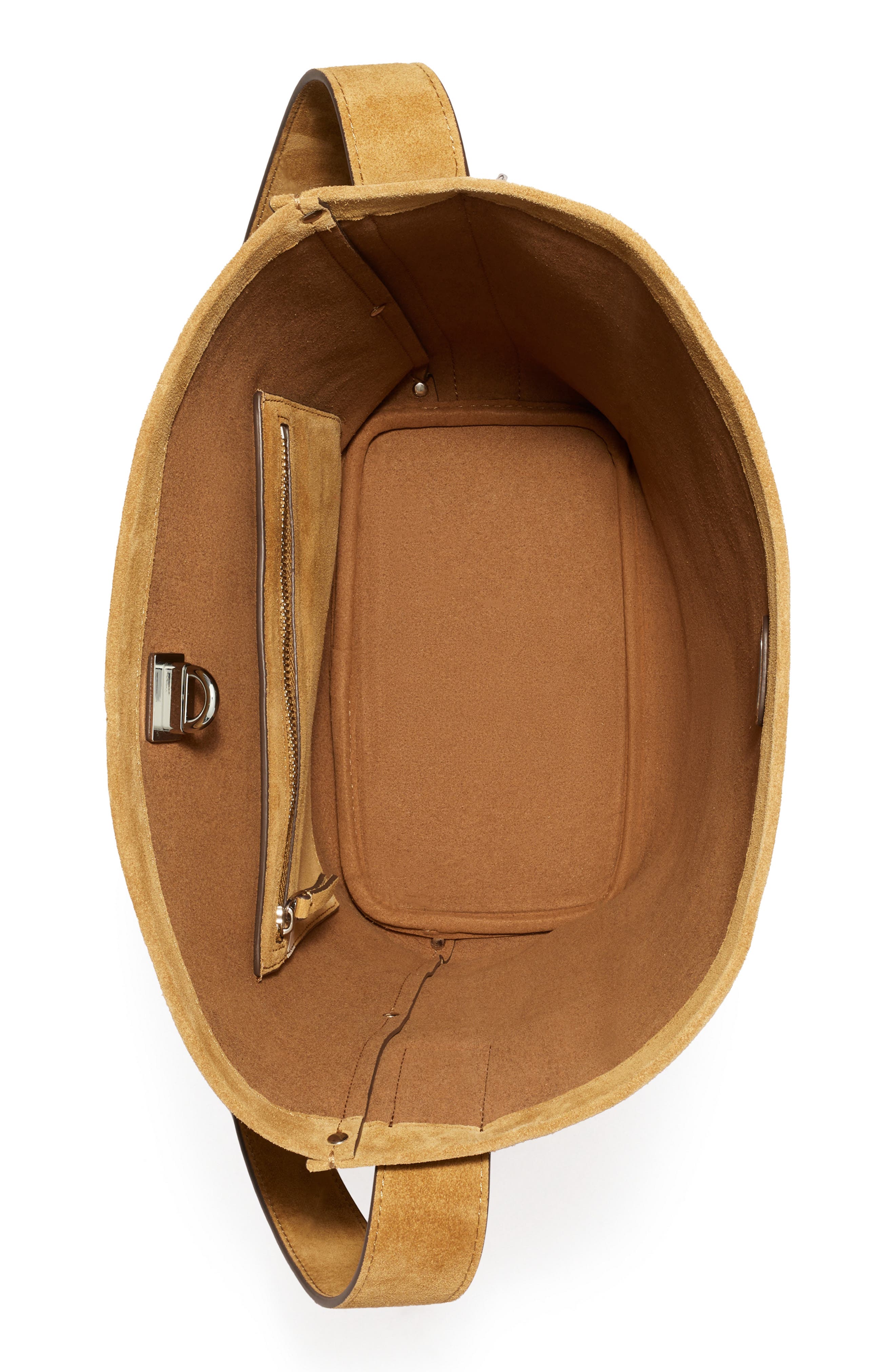 Tory Burch Slim Lock Suede Bucket Bag, Alternate, color, Toffee
