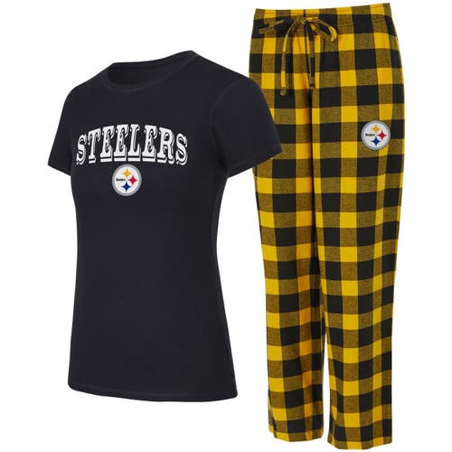 Concepts Sport Women'sâ Black, Gold Pittsburgh Steelers Avondale T-shirt Pants Flannel Pj Set In Black