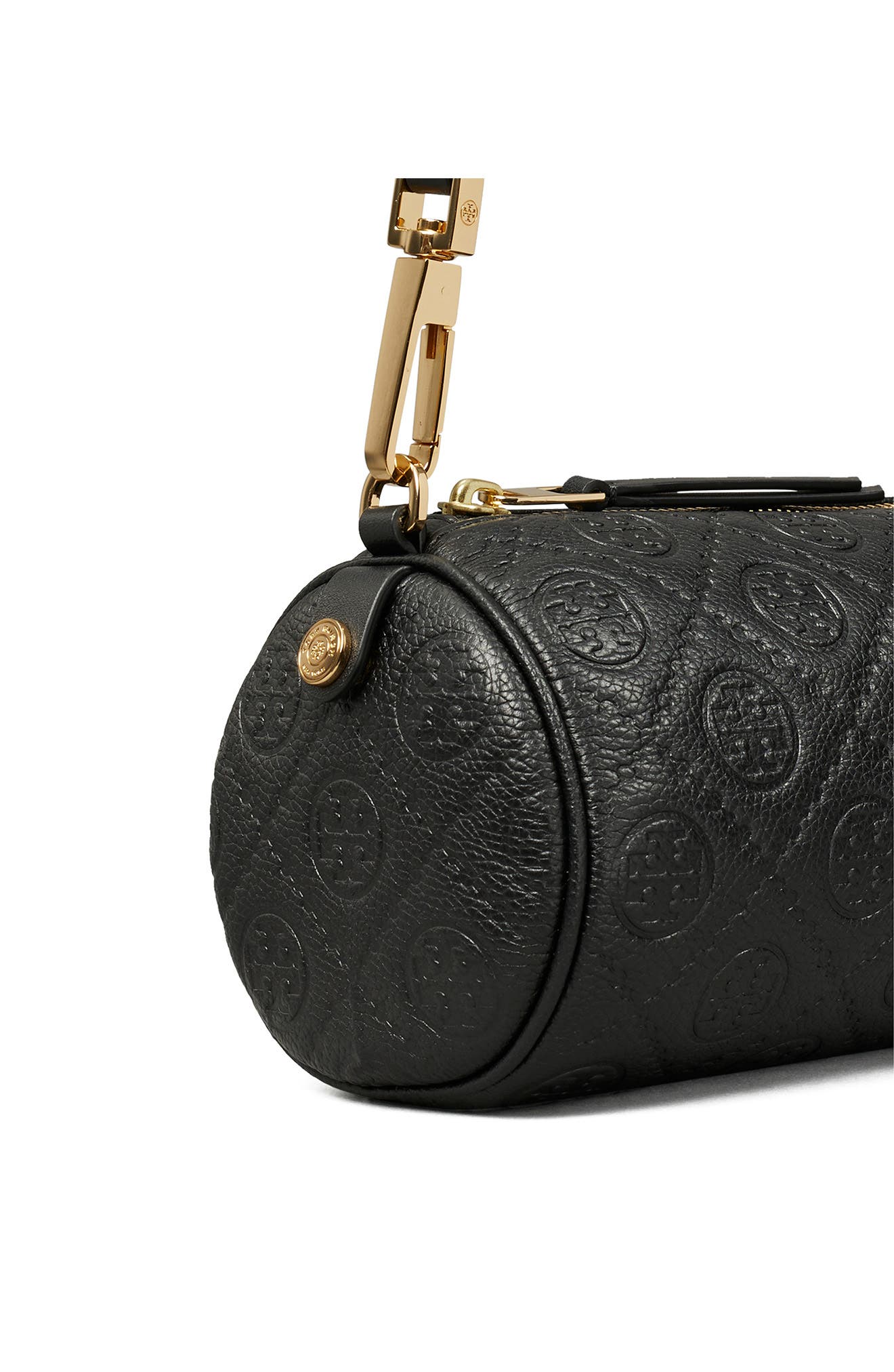 Tory Burch T Monogram Pebble Leather Cylinder Shoulder Bag, Alternate, color, Black