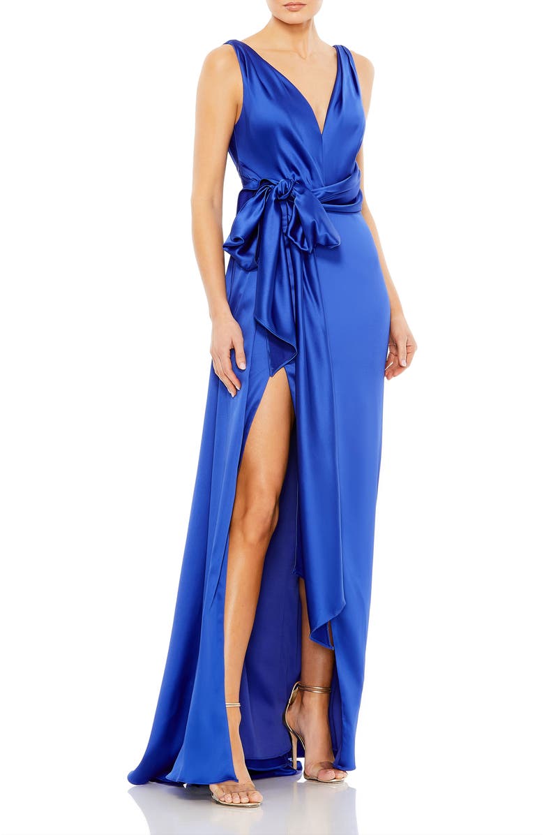 Mac Duggal Sleeveless V Neck Self Tie Overlay Train Satin Gown, Main, color, Royal