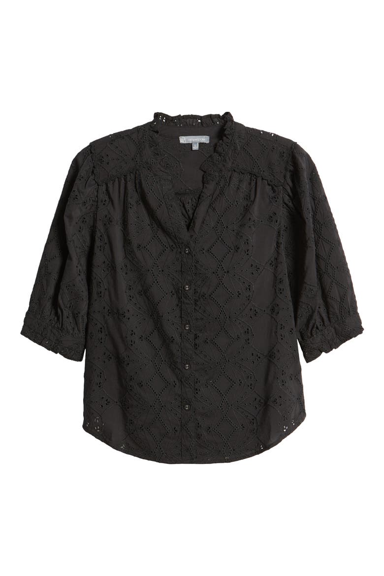 Embroidered Eyelet Button-Up Shirt, Alternate, color, BLACK