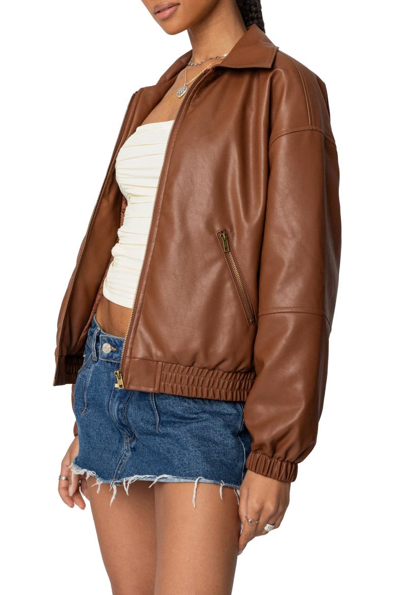 Halley Faux Leather Bomber, Alternate, color, BROWN