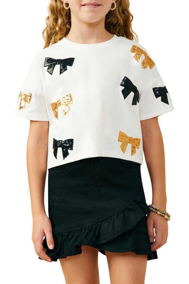 Kids' Gameday Sequin Bow Graphic T-Shirt, Main, color, WHITE/ BLACK/ GOLD