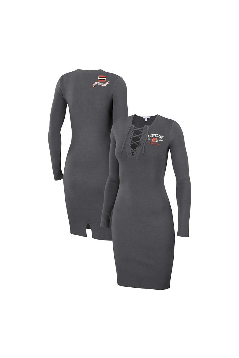 Women's WEAR by Erin Andrews Charcoal Cleveland Browns Lace Up Long Sleeve Dress, Main, color, Charcoal