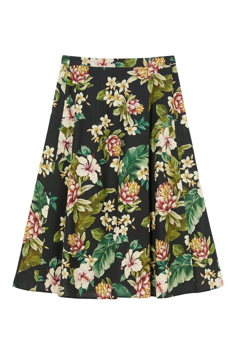 Tambuto Floral Linen & Cotton A-Line Skirt, Alternate, color, BLACK