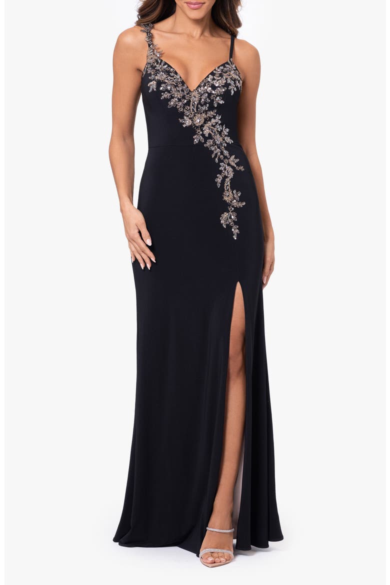 Crystal Floral Detail Sheath Gown, Main, color, BLACK/ NUDE