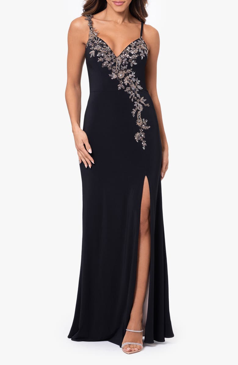 Xscape Evenings Crystal Floral Detail Sheath Gown, Main, color, Black/ Nude