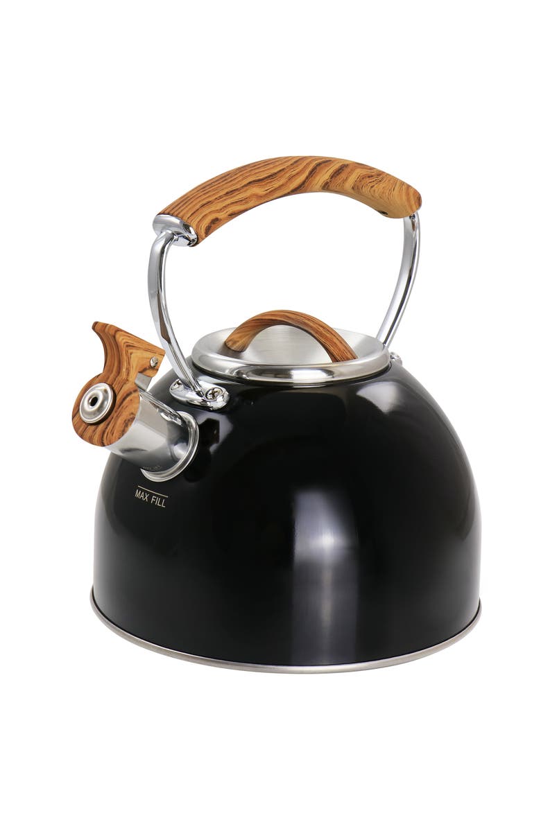 Mr. Coffee 2 Quart Stainless Steel Whistling Tea Kettle with Wood Pattern Handle, Main, color, Black