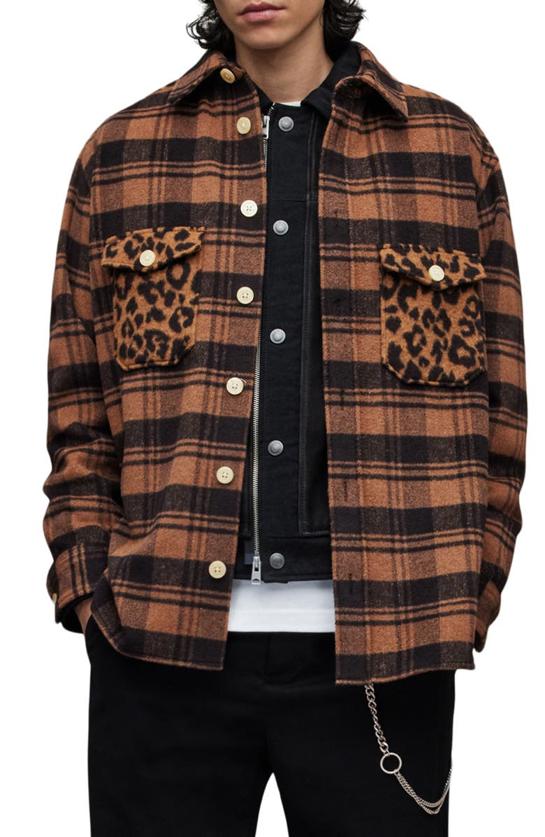 AllSaints Glasco Check & Leopard Flannel Button-Up Shirt, Main, color, 