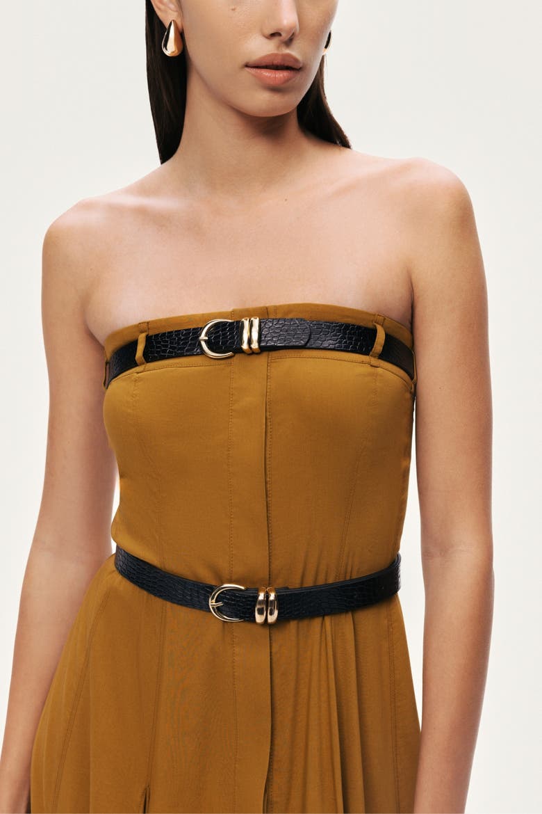 Strapless Double Belted Midi Dress, Alternate, color, Camel