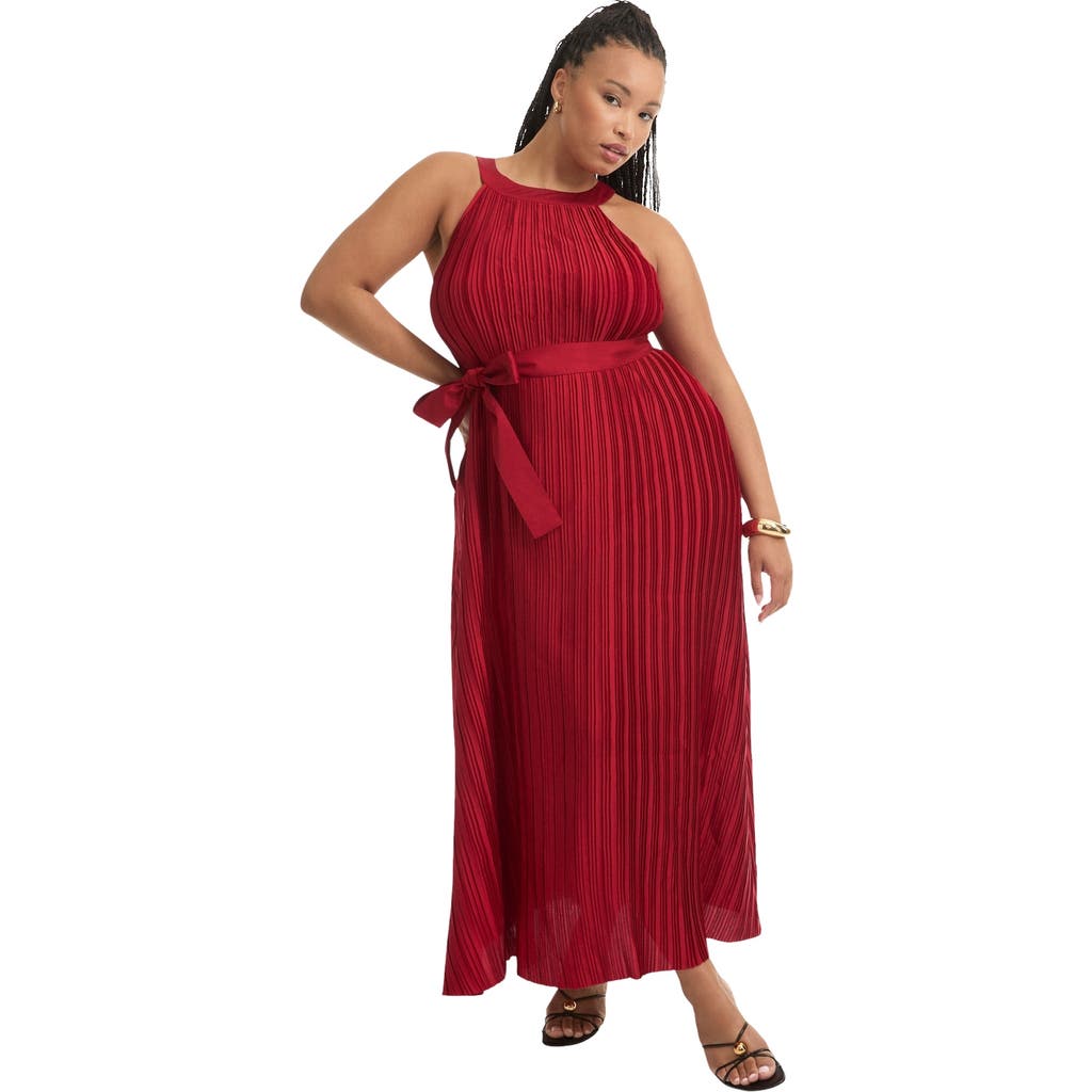 June + Vie Pleated Halter Maxi Dress In Red