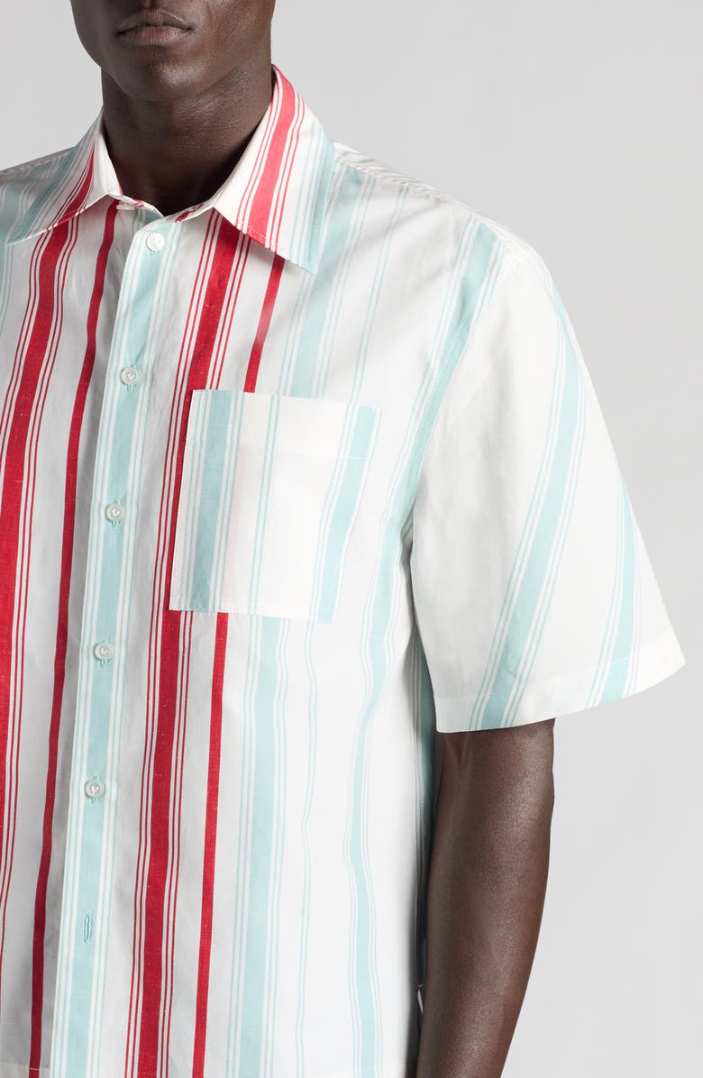 Bottega Veneta Multicolor Variegated Stripe Cotton & Linen Short Sleeve Button-Up Shirt, Alternate, color, 1979 Mint/ Red