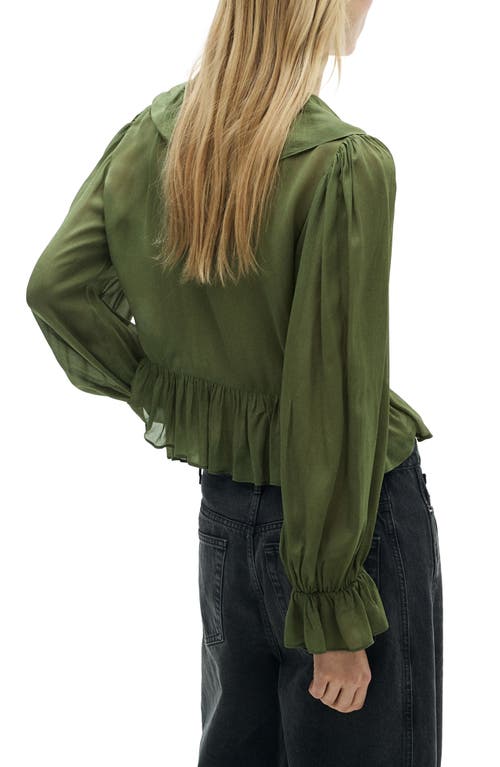 Mango Ruffle Long Sleeve Top In Khaki Green