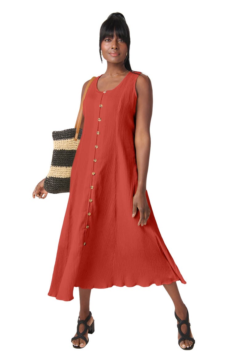 Button Down Gauze Dress, Main, color, BURNT RED