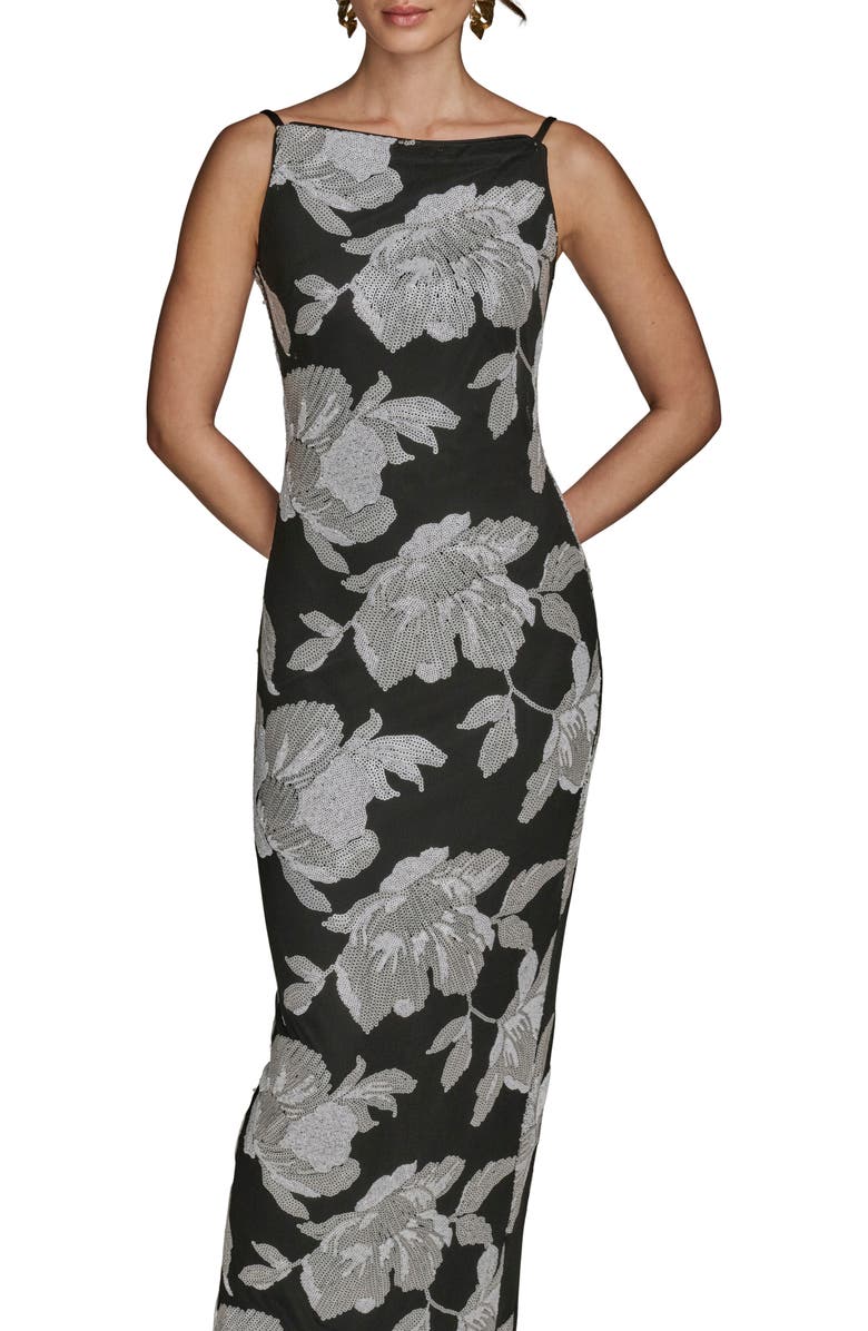 Donna Karan New York Sequin Floral Sheath Gown, Alternate, color, Black/ White