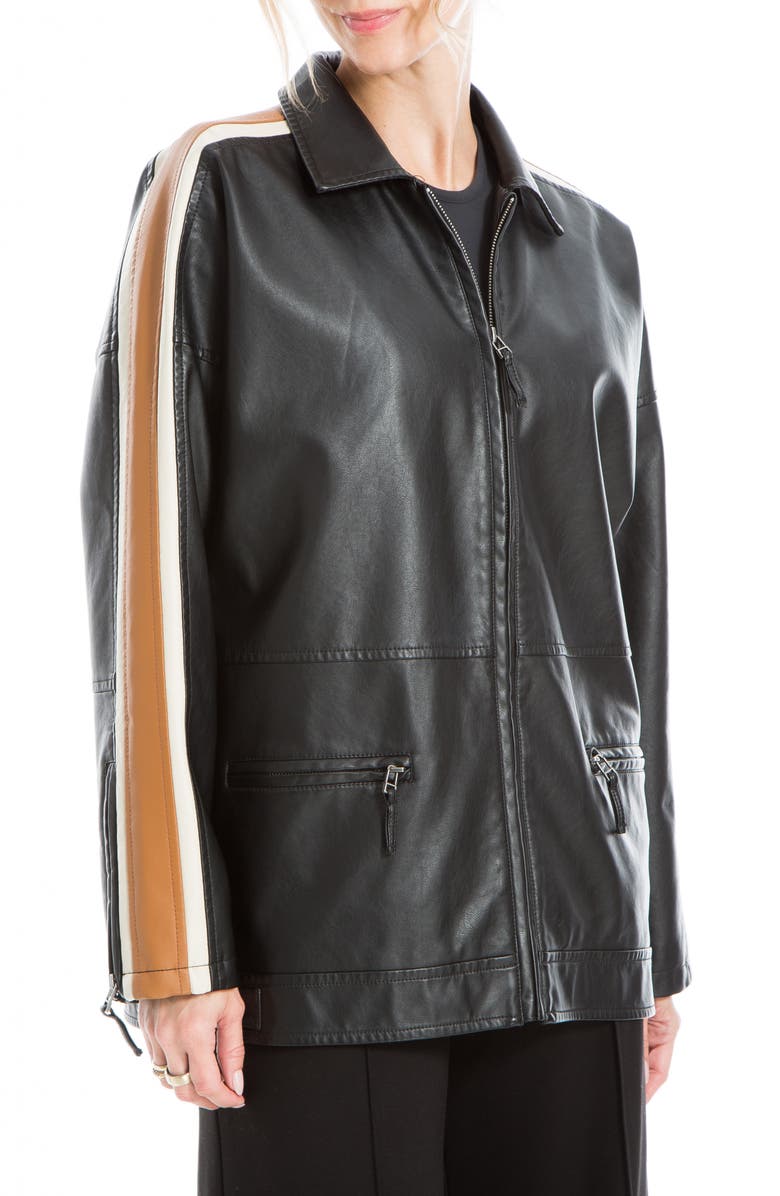 MAX STUDIO Racer Stripe Faux Leather Jacket, Alternate, color, Black Vicuna Cream