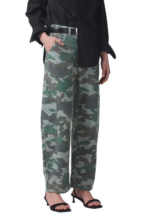Marcelle Camo Print Low Rise Barrel Cargo Pants